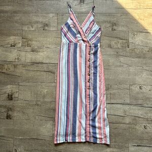 Sandy & Sid Linen Cotton Blend Pastel Stripes Midi Slit Beach Festival Dress XS